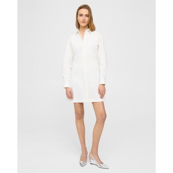 NEW Theory White Shirt Mini Dress 10 Soream A-Line Button Down Stretch ($395) - Picture 1 of 13